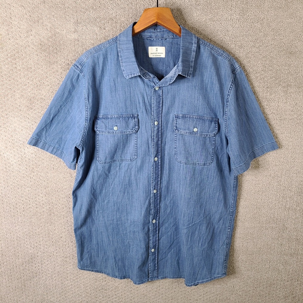 Mutual Weave‎ Shirt Mens XLT Blue Chambray Short Sleeve Button Up Cotton Stretch